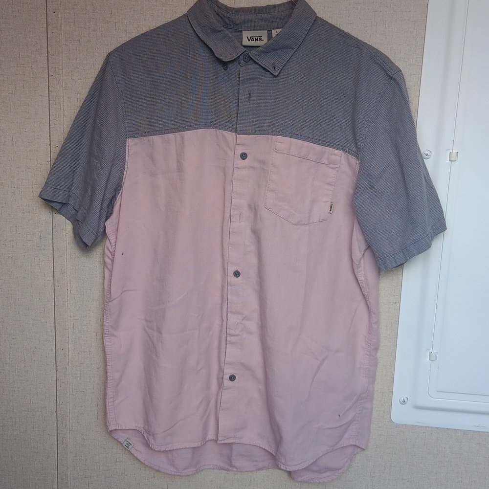 Vans Mens L Gray and Pink Button Up Short Sleeve Skateboarder Hipster City Cool